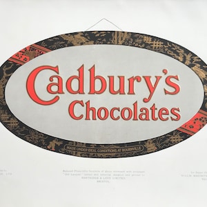 Lithographie photo en relief CADBURY'S CHOCOLATES ADVERT 1930 en or/couleurs Carte de commerce Bourneville Taille de la feuille : 9,75x7,25 pouces