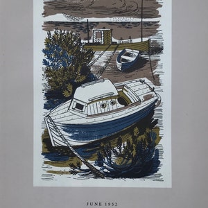 May include: A vintage illustration of a small boat docked at a pier. The boat is blue and white with a wooden deck. The illustration is in a muted color palette of brown, blue, and green. The text "JUNE 1952" is printed at the bottom of the image.