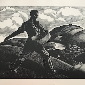 1933 CLARE LEIGHTON Grote houtgravure &#39;april-zaaien&#39;, eerste editie van origineel blokblad, formaat C.14 x 11 inch. Afbeelding 11 x 8,5 inch.