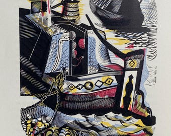 1950 JOHN O'CONNOR Houtgravure/linoleumsnede van origineel blok 'Diamond Pattern-Canals, Barges & People' Shenval Press Bladformaat ca. 20 x 15 cm
