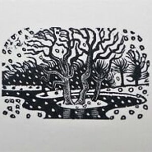 1950年 グウェンダ・モーガン作 木版画「田舎の風景」。ベイ