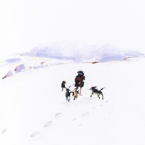 Beertje (Bea) Vonk 'Wintry Walk Stampa su carta fatta a mano Zerkall. A4. Cane che cammina sulla neve. Inverno.