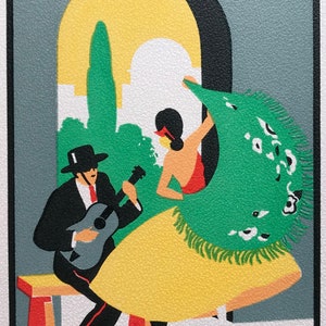 IMPRESSÃO DE DANÇARINO FLAMENCO DE 1934 Em cartão texturizado Lavinia Tamanho da imagem c.7,5x5,5 pol. Guitarrista Art Déco Espanha Espanhol