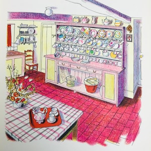 1954 ROLAND COLLINS LITOGRAFIA Cucina di una fattoria nel Berkshire W.S.Cowell Ltd Dimensioni del foglio 9,75x7 pollici.