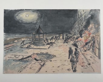 EDWARD ARDIZZONE 'The Bombing of G.H.2. Boulogne:May 1940' from War Sketchbook Ltd Ed. Print Fleece Press Sheet Size C.11x9ins.