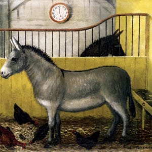 May include: An oil painting depicting a grey donkey standing in a yellow-walled stable with straw on the floor. Several chickens forage near the donkey's feet, while another donkey is visible in the background stall. A clock hangs on the wall.