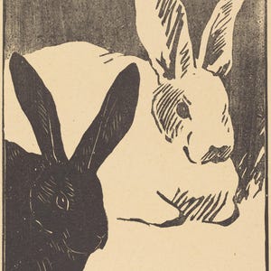 Rabbits Les Lapins di Henri Charles Guerard. Stampa di xilografia. Stampata su carta fatta a mano 100% cotone 150gsm. Formato A4.