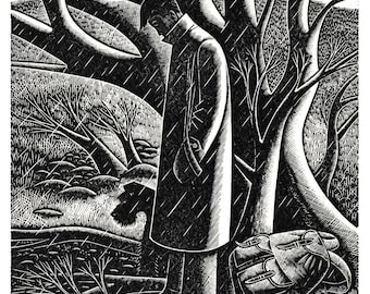 1944 GWENDA MORGAN Grabado en madera 'Día lluvioso'. Tamaño de la imagen aprox. 5,5 x 4 pulgadas. Febrero.