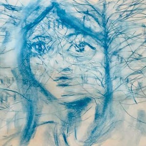 Rowan Miles 'Blue Girl' Print on Handmade Deckle Edge Cotton Rag Paper. A4