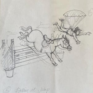 Około 1960 r. Thelwell-Style podpisany komiks ołówkiem. Arkusz A3, 16x12 cali. Pony Club Horse Showjumping Hunter Trials Equestrian