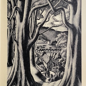 1950 LENNOX PATERSON Wood Engraving for 'The Roadmender' Village Through the Trees Glasgow School of Art Sheet Size 9.25x6.5ins.
