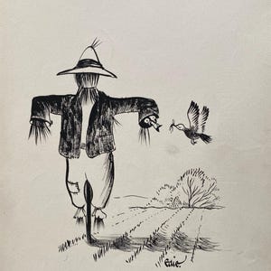 Dibujo a pluma y tinta de 'EDIE' W.J.EDWARDS, 1960. Espantapájaros, hombre de paja, nido de pájaro. Tamaño: 11 x 7,5 pulgadas aproximadamente.