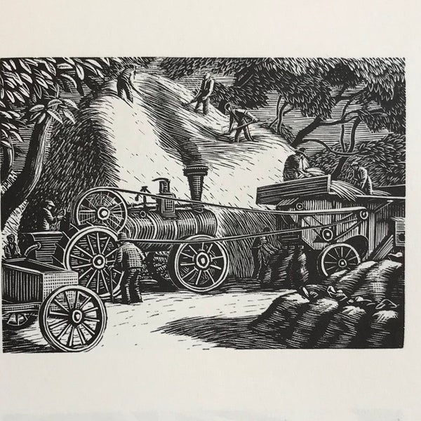 GWEN RAVERAT Houtgravure 'Threshing in England' Gedrukt vanuit het originele blokblad uit 1933, formaat 6x4ins Steam Engine Farming Harvest