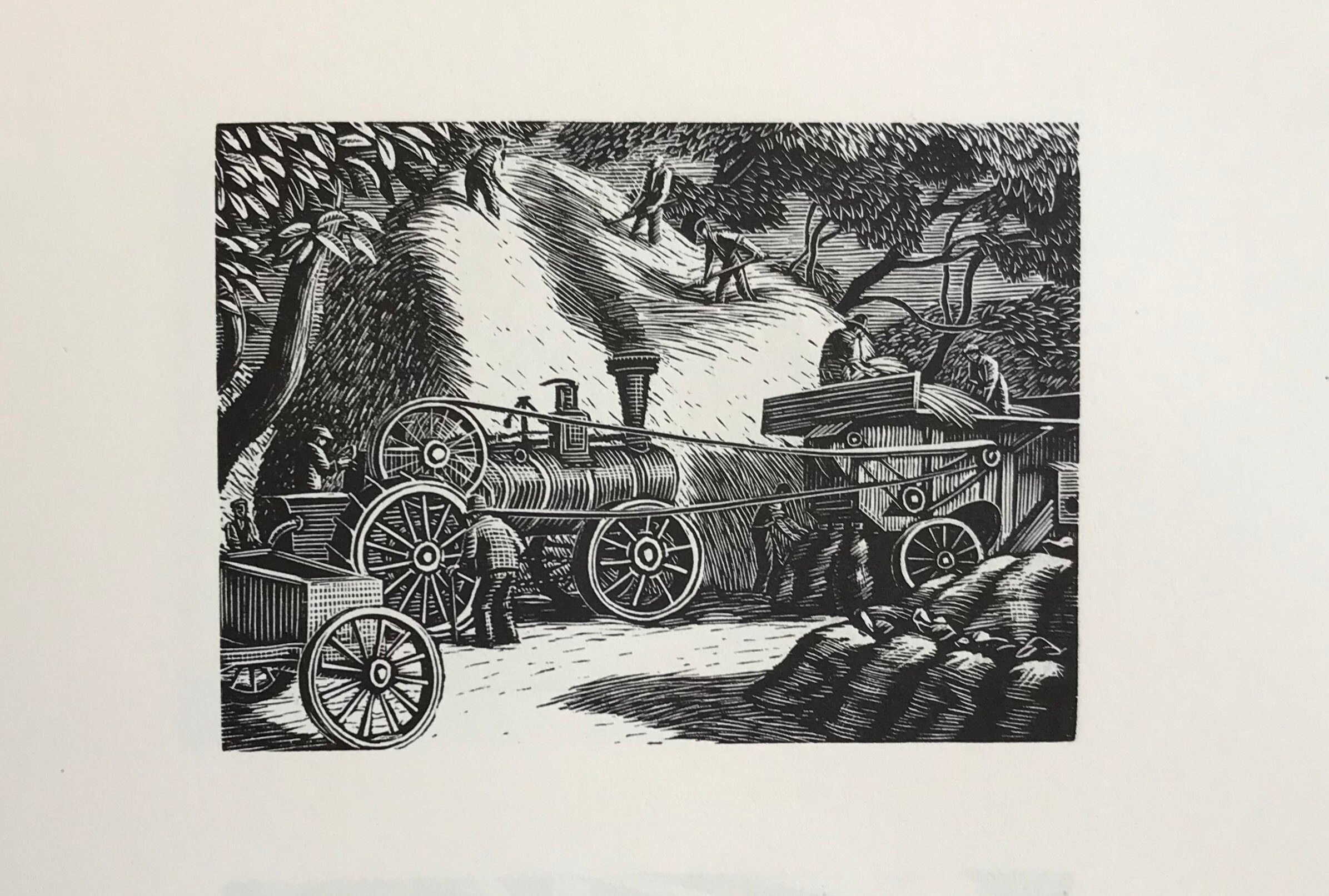 GWEN RAVERAT Wood Engraving 'Threshing in England’ Printed from the Original 1933 Block Sheet Size 6x4ins Steam Engine Farming Harvest