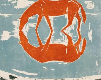1930s KURT SCHEELE 'Trinkendes Pferd'. Print of Colour Woodcut. Printed on Handmade 100% Cotton 150gsm Paper. A4 Sized.