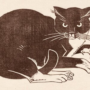 May include: A sepia-toned illustration of a black cat with white markings on its chest and paws. The cat is depicted in a relaxed pose, with its tail curled and its eyes focused forward. The artwork has a vintage, woodcut style.