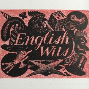 May include: A black and white illustration of a rooster, a hat, a dice, and a hand with three fingers. The illustration is on a red background with the text "English Wits".
