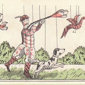 1930年 エドワード・ボーデン ヴィネット シューティング 手彩色イラスト。サーモンピンク、ライトグリーン、クロスハッチ黒 カーウェン プレス。約5x3インチ