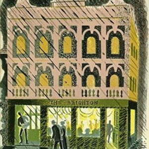 Könnte beinhalten: Illustration eines Gebäudes namens "The Brighton" mit Personen im Inneren. Das Gebäude ist rosa mit schwarzen und gelben Akzenten, und die Fenster sind gewölbt. Es regnet, und die Szene wird von einem warmen Schein beleuchtet.