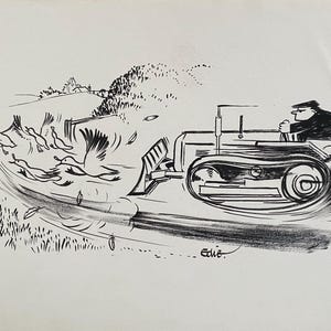 C.1960 'EDIE' W.J.EDWARDS Podpisany komiks piórem i tuszem. Gospodarstwo Rolnicze Traktor Spychacz Gęsi Kaczki Rozmiar arkusza ok. 11x7,5 cala.