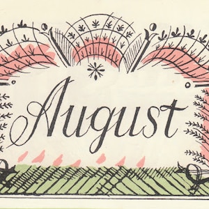 1930 EDWARD BAWDEN 'AUGUST' Illustrazione pochoir colorata a mano. Rosa salmone, verde chiaro e nero tratteggiato. Curwen Press. c. 5x3 pollici.