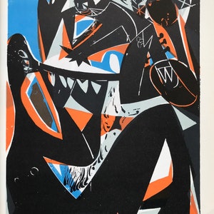 1959 HAP GRIESHABER リトグラフ「Fest」Fête Festival 鮮やかな色彩の木版画 彫刻 抽象的 モダニスト シートサイズ c.9x8インチ。