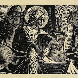 1950 LENNOX PATERSON Wood Engraving for 'The Roadmender' Nativity Angels Glasgow School of Art Sheet Size 5x2.25ins.