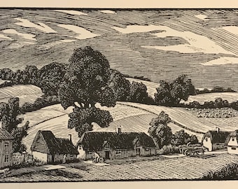GWEN RAVERAT &#39;Village Green&#39; Wood Engraving Printed from Magnesium Block. The Fens. Image Size 5.5x3ins.