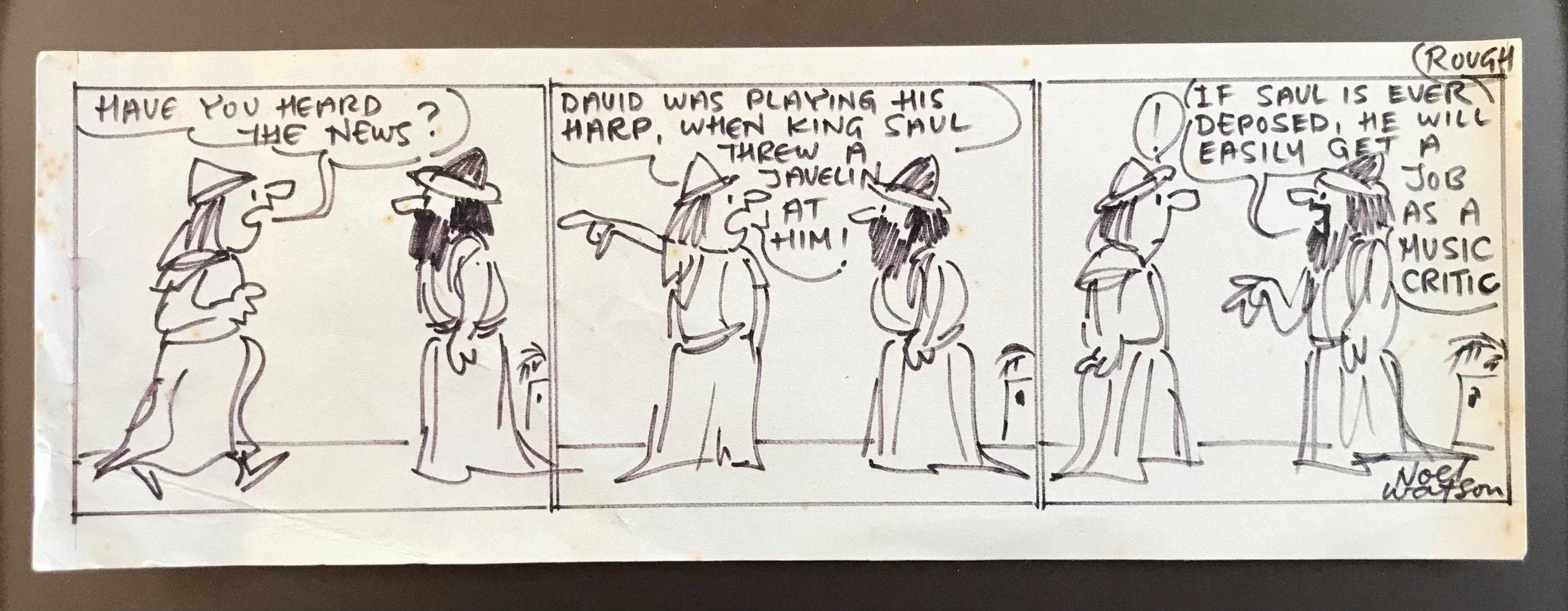 ALEX NOEL WATSON Ink/Pencil Original Signed Newspaper Cartoon Rough Bible Saul & David C.10x3.5ins..