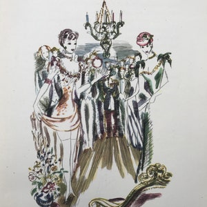 1947 LOUIS TOUCHAGUES Ilustración Pochoir coloreada a mano para &#39;Les Femmes D&#39;Amis&#39; de Courteline, 10x8 pulgadas. Montado