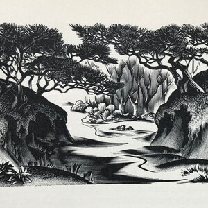 1936 AGNES MILLER PARKER &#39;Approach to Wood&#39; Holzgravur Bäume Landschaft Gedruckt bei Camelot Press c.5x3ins ..