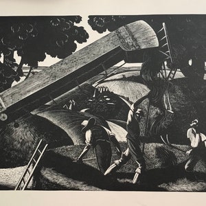 1933 CLARE LEIGHTON Grote houtgravure &#39;Hooien juni&#39;, eerste editie van origineel blokblad, formaat C.14 x 11 inch. Afbeelding 11 x 8,5 inch.