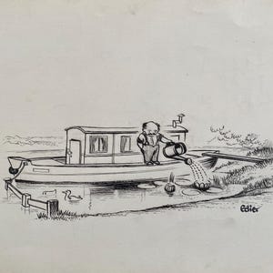 C.1960 'EDIE' W.J.EDWARDS Podpisany komiks piórem i tuszem. Houseboat Ship Boat Marine Rozmiar arkusza: ok. 11 x 7,5 cala.