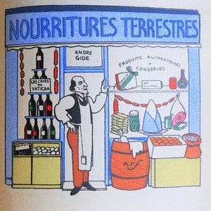 1925 HENRI GUILAC RĘCZNIE KOLOROWANA ilustracja szablonowa „Pochoir” „Nourritures Terrestres” Edycja limitowana Arkusz sklepu spożywczego Rozmiar C.7,5 x 5,5 cala