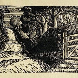 1950 LENNOX PATERSON Wood Engraving for 'The Roadmender' Country Lane gate Landscape Glasgow School of Art Sheet Size 5x2.25ins.