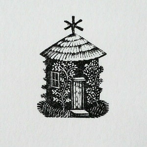 May include: Black and white illustration of a small, whimsical house with a thatched roof, a single window, and a door. The house is surrounded by foliage and has a star-shaped finial on the roof.
