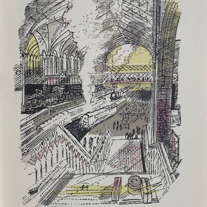 May include: Black and white illustration of a train station interior with a train on the tracks. The artwork features architectural details, steam, and figures, with yellow and pink accents. The style is reminiscent of a vintage print.