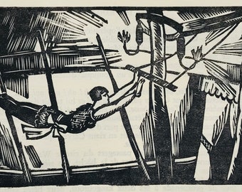 1938 ROGER GRILLON Woodcut  for Chadourne's 'Terre de Chanaan' Mounted. Circus Trapeze Artiste 8x6ins.