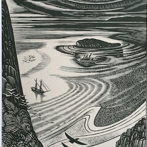 1950 John Buckland-Wright 'Flinders' Narrative' Print of Woodcut Engraving 10X7" Colour