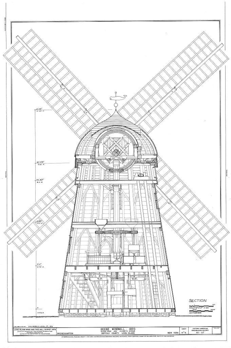 Windmill Blueprint Exploded View BEEBE WINDMILL ARCHITECTURAL Drawing. Suffolk County, New York. Printed ...