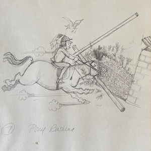 Około 1960 r. Thelwell-Style podpisany komiks ołówkiem. Arkusz A3, 16x12 cali. Pony Club Horse Showjumping Hunter Trials Equestrian