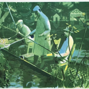 May include: Three people are fishing from a boat on a lake. The boat is surrounded by green reeds and the water is a deep green color. The people are wearing hats and are holding fishing rods. There are two small buildings in the background.
