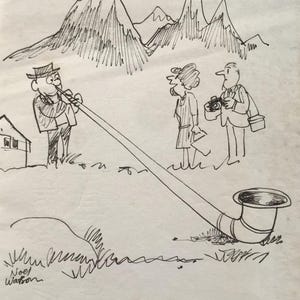 ALEX NOEL WATSON Tinta y bolígrafo Periódico original firmado Caricatura Cuerno alpino áspero Austria C.8x5.5ins..