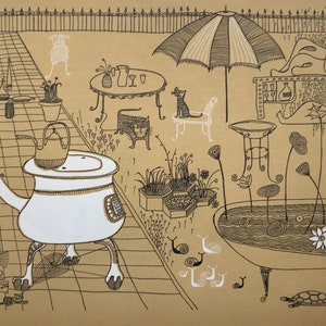 May include: A black and white line drawing of a whimsical outdoor scene with a teapot, a bathtub, a table, chairs, plants, and cats. The drawing is done in a simple, childlike style.