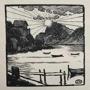 1950 LUCIEN PISSARRO Xilografia da blocco originale prestato dalla vedova dell&#39;artista. Shenval Press La Pointe do Cargoussa 3X3 pollici.