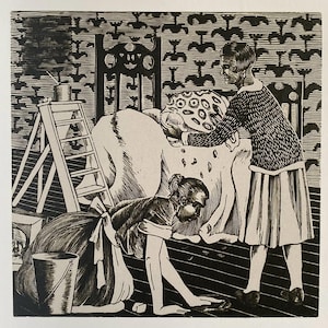 以下が含まれることがあります： 部屋にいる2人の人物を描いた白黒の木版画。1人は立って、模様のある丸い物体を持ち、もう1人は床にひざまずいて何かを拾っているように見える。背景には梯子がある。