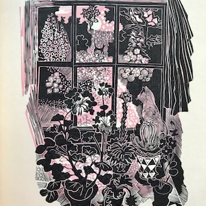 1959 JOHN O'CONNOR Holzstich vom Originalblock 'Cactus Fenster' Zwei Katzen auf Grosvenor Litho Papier Größe C.10x7ins