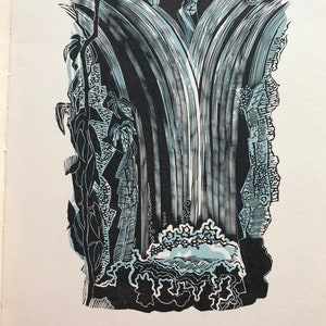 1959 JOHN O'CONNOR-houtgravure van origineel blok WATERFALL Grosvenor-lithopapier, velformaat C.10x7ins