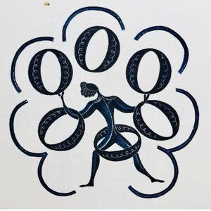 May include: A dark blue illustration of a figure surrounded by the letter "O". The figure is holding and encircled by the "O"s, which have a white scroll design. The background is white, with blue arcs surrounding the figure and letters.
