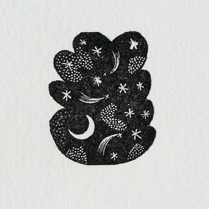 May include: Black and white illustration of a crescent moon and stars in a stylised cloud shape.